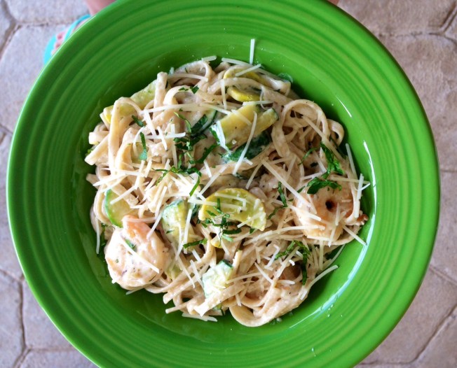 Garden Vegetable and Shrimp Alfredo